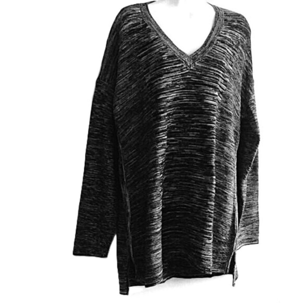 Ellen Tracy Pullover Sweater V Neck Tunic Black & White Marled Stretch EUC  XXL